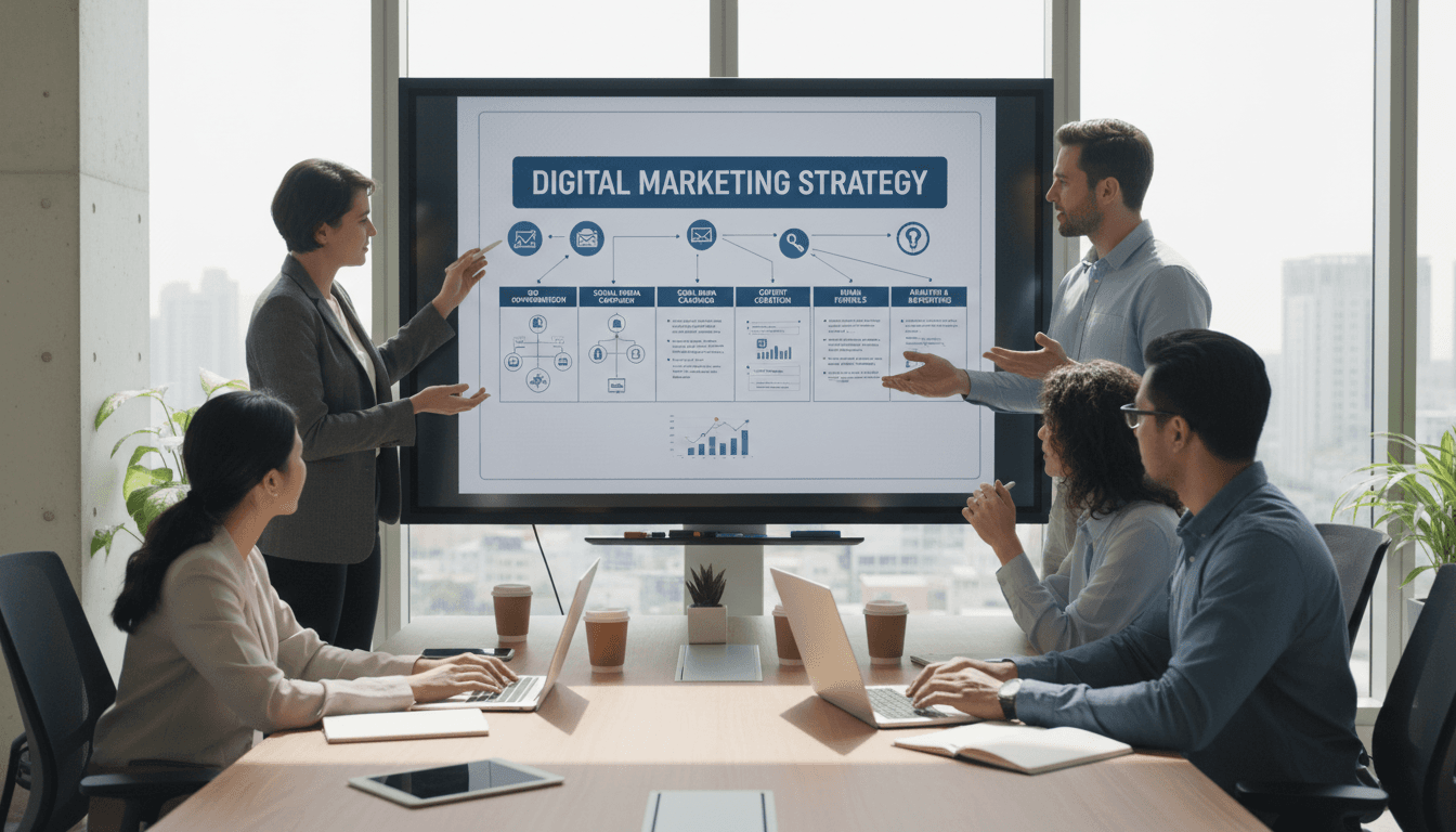 Marketing team planning a campaign on a whiteboard in a bright modern office