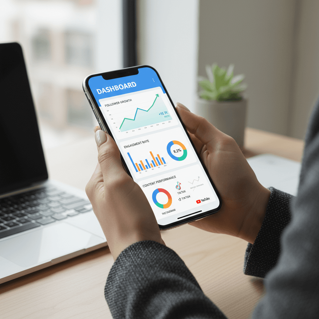 Social media and analytics dashboard on a smartphone screen representing digital growth