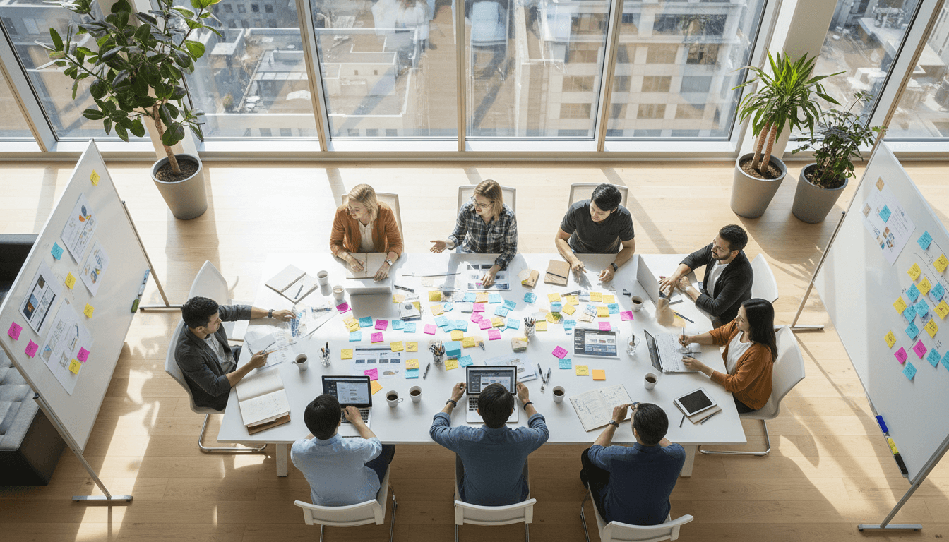 Marketing team collaborating on a strategy in a bright office
