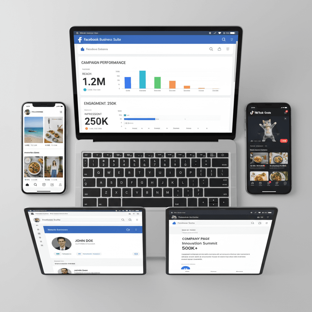Digital marketing dashboard and social media graphics